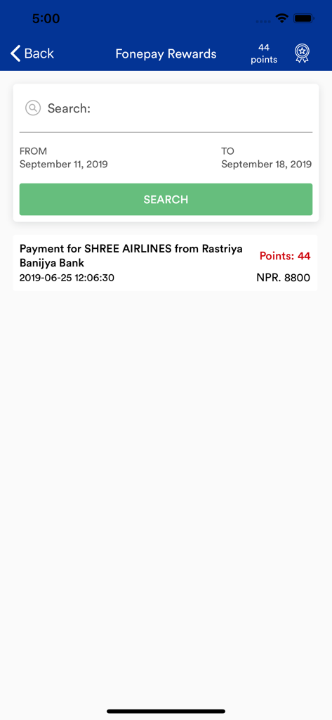 Fonepay-Prämienbildschirm in der Excel Smart Mobile-Banking-App mit Prämienpunkten und Transaktionshistorie