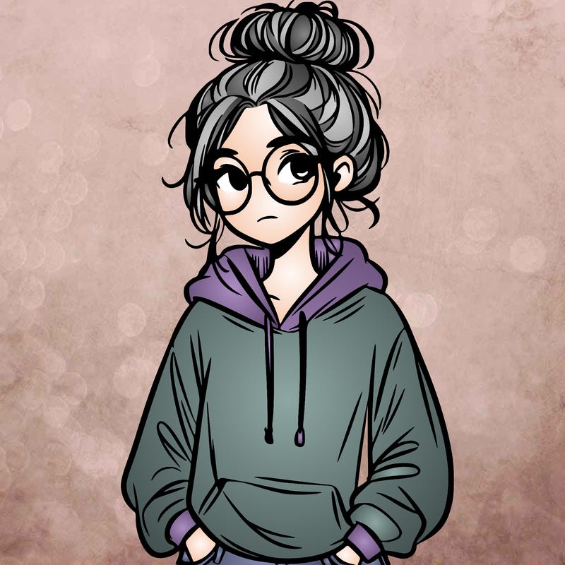 teen girl with a messy bun and glasses wearing a loose hoodie and jeans