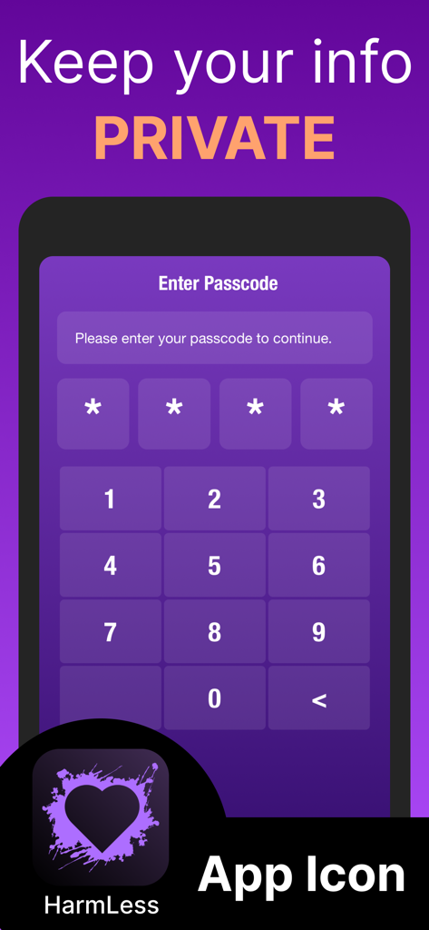 HarmLess: Self Harm Tracker - Schermata di inserimento del codice di accesso nell'app HarmLess per la privacy e la protezione dei dati