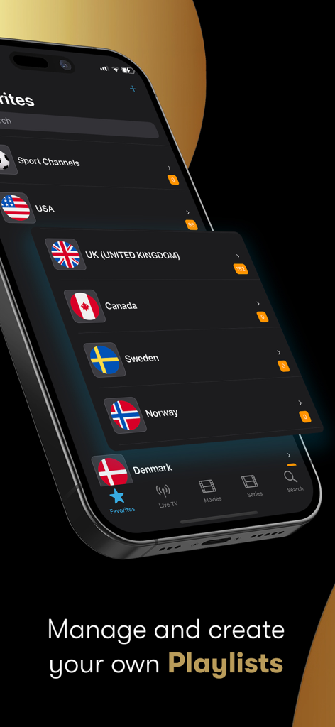 IPTV Streamer Max - iPhone screen showing IPTV Streamer Max app interface with international TV channel playlists categorized by country