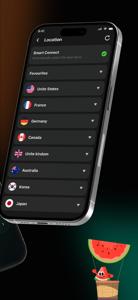 Melon VPN - Easy Fast Low-cost - Interface do aplicativo Melon VPN mostrando uma lista de localizações de servidores globais, incluindo Estados Unidos, França e Japão