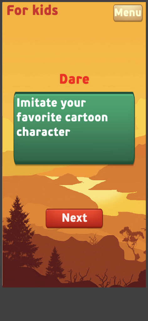 TOD Truth or Dare - Truth or Dare app interface showing a dare task for kids to imitate a favorite cartoon character.