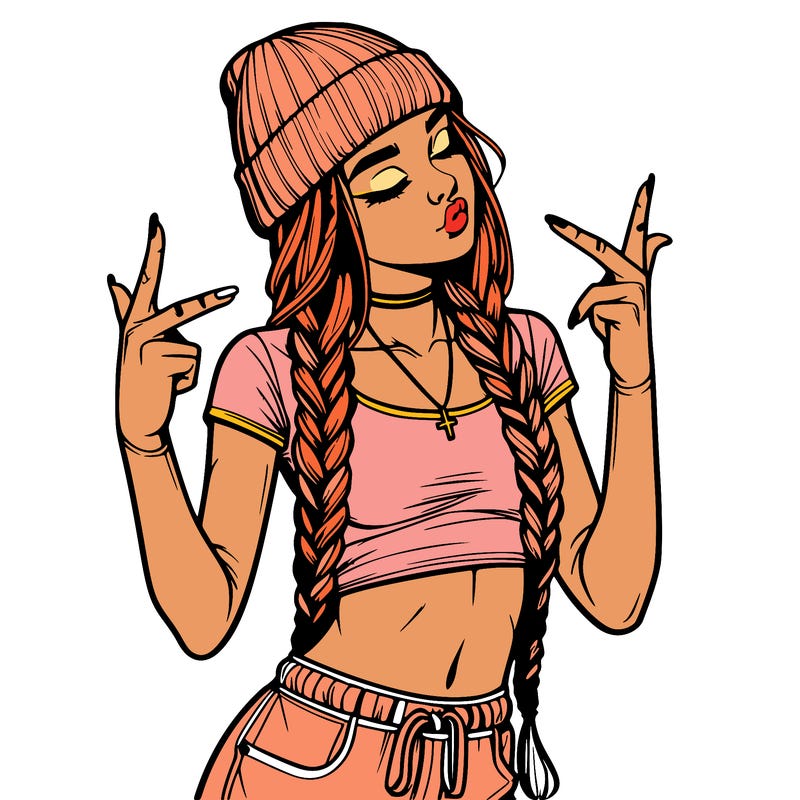realistic teenage girl with braids and a beanie and crop top doing 🫶🏼