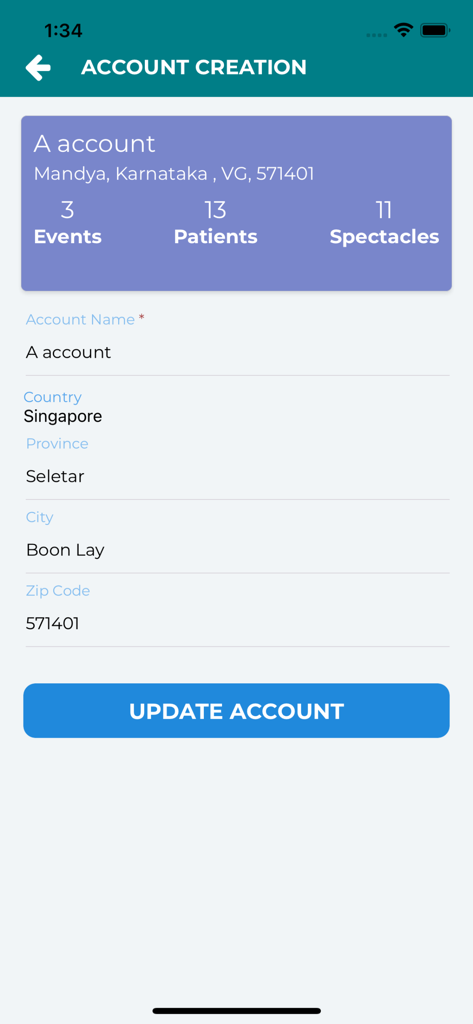 Vision Screening Events App - A tela de criação e atualização de conta mostrando estatísticas de resumo para eventos, pacientes e óculos dispensados.
