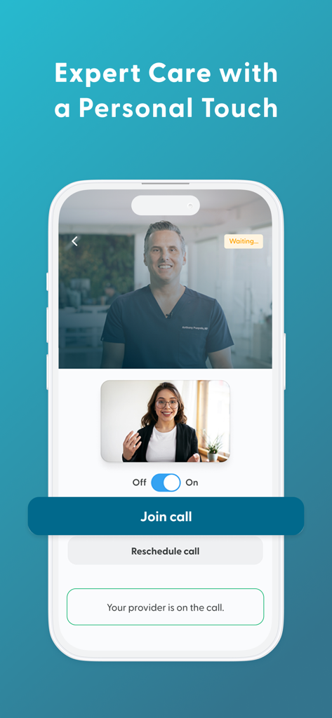 LifeMD Telehealth - Una interfaz móvil para LifeMD Telehealth que muestra a un paciente uniéndose a una videollamada en vivo con un médico certificado por la junta.