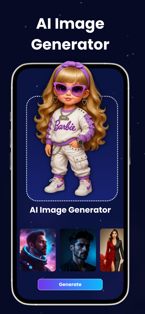 App interface for Playground AI Image Generator showing a stylized doll avatar and various AI generated character portraits