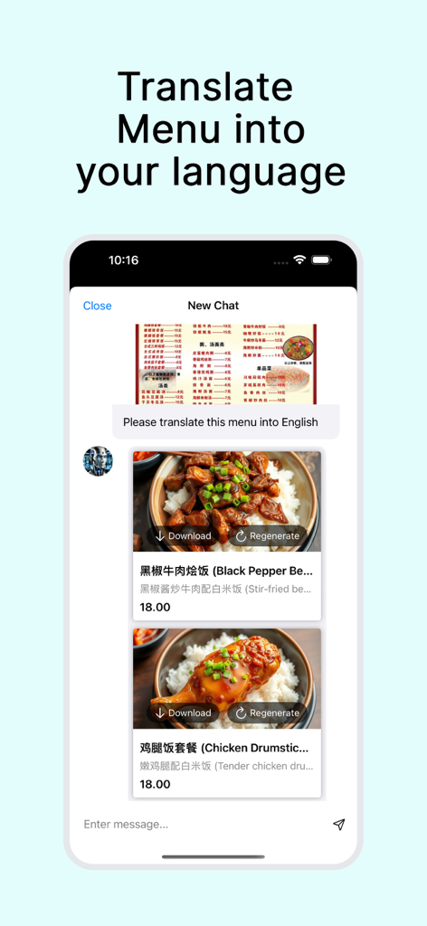 App interface showing Chinese menu translation with AI generated dish photos