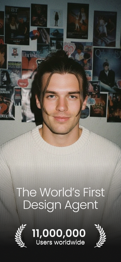 Lovart - Banner promocional para Lovart AI Design Agent apresentando um criador e o marco de 11 milhões de usuários