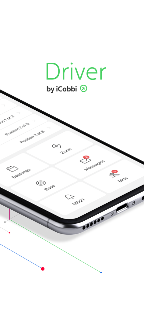 iCabbi Driver App - Smartphone displaying the iCabbi Driver app interface with menu icons for bookings messages and dispatch zones
