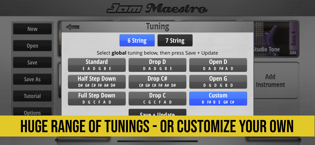 Jam Maestro app interface showing 6 and 7 string guitar tuning presets and custom options.
