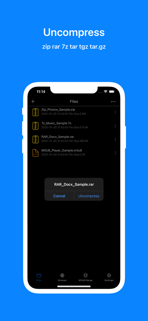 Zipym Lite app interface showing the uncompress feature for zip rar and 7z files on an iPhone