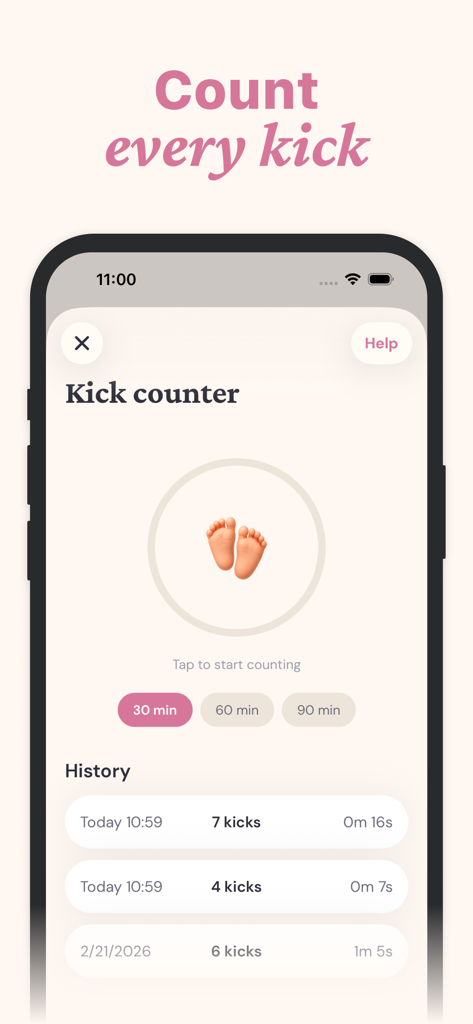 Interface of the Baby Lua app showing the kick counter feature with recorded movement history
