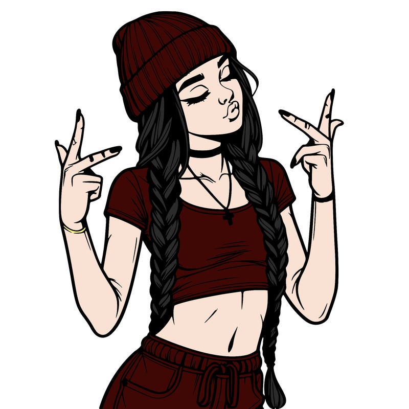 realistic teenage girl with braids and a beanie and crop top doing 🫶🏼