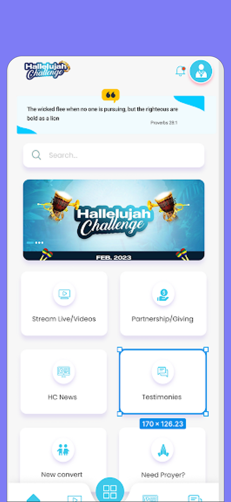 Hallelujah Challenge app dashboard displaying features like live streaming, testimonies, and prayer requests.