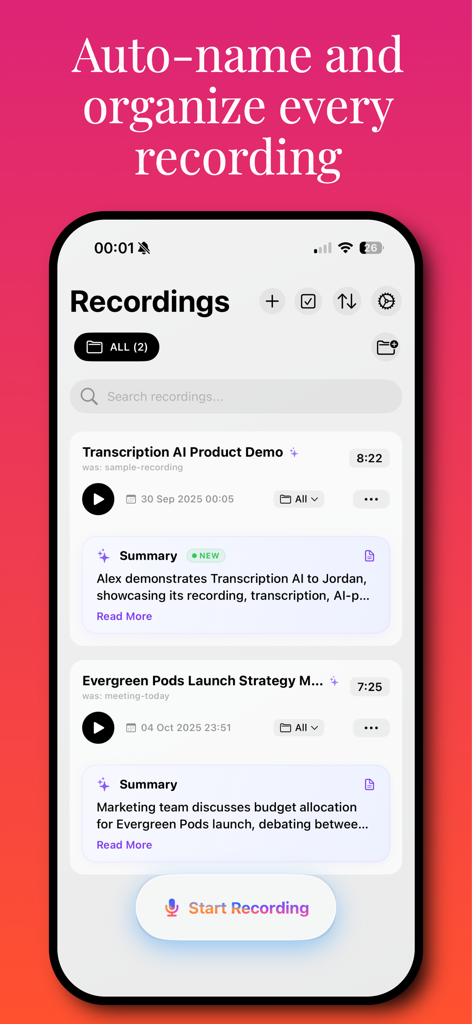 Transcription AI : Voice Notes - Transcription AI app dashboard showing a list of voice recordings with automated titles and summaries