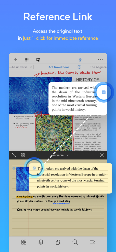 Flexcil Note & Good PDF Reader - Interfaz de la aplicación Flexcil que muestra la función de enlace de referencia que conecta las notas de estudio con el texto fuente original del PDF en una vista de pantalla dividida.