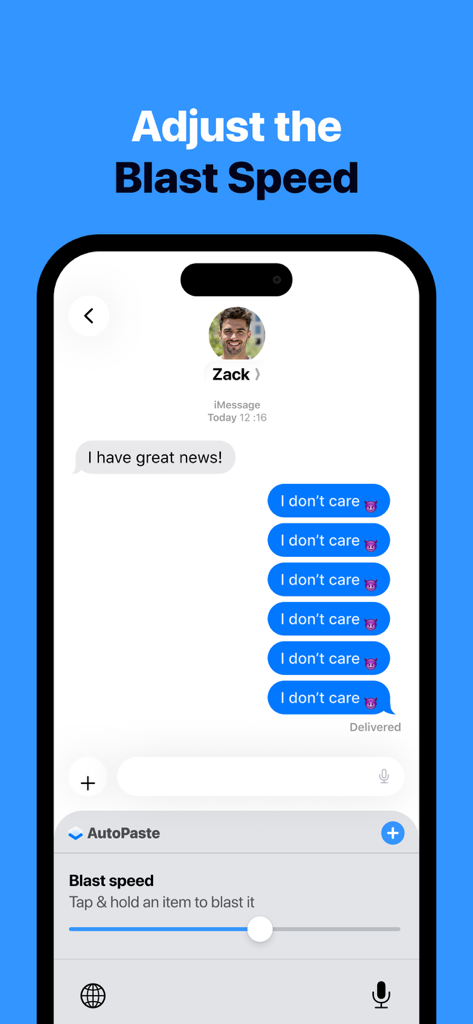 Interface mostrando o controle deslizante de velocidade de envio para enviar várias mensagens rapidamente no AutoPaste Keyboard.