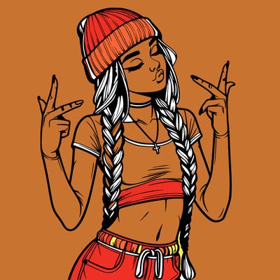 realistic teenage girl with braids and a beanie and crop top doing 🫶🏼
