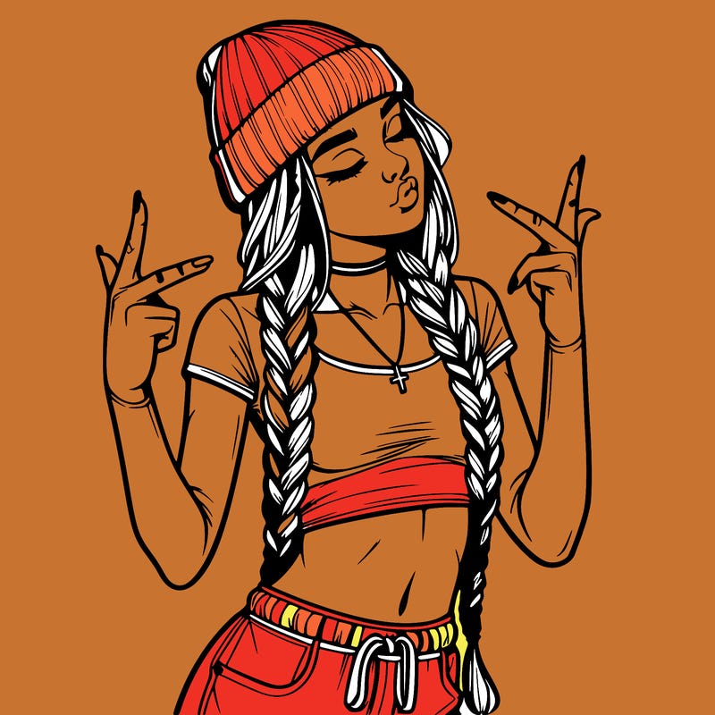 realistic teenage girl with braids and a beanie and crop top doing 🫶🏼