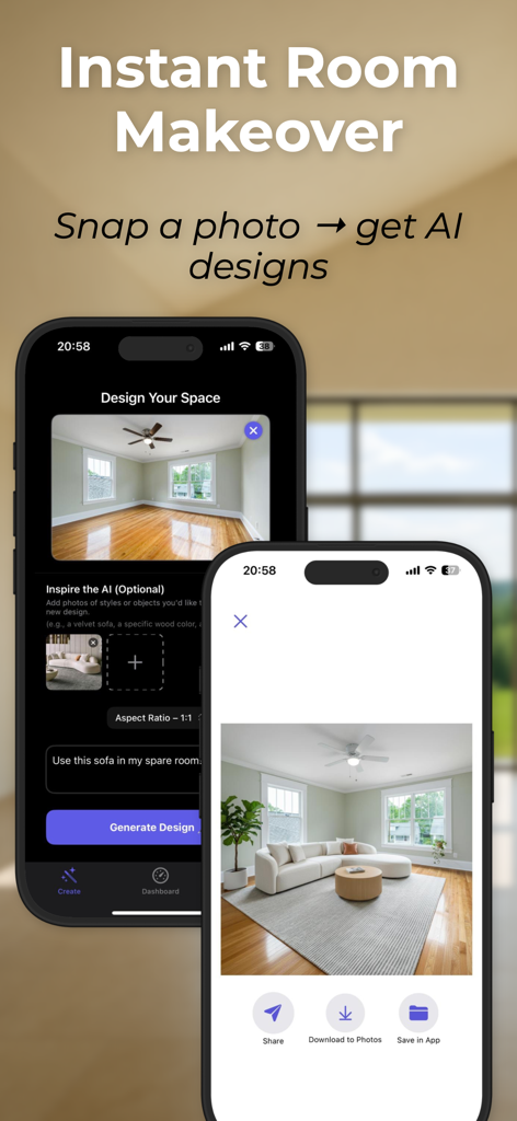 Remodel AI: Room Planner - Interface do aplicativo Remodel AI Room Planner mostrando uma reforma instantânea de sala a partir de uma foto.