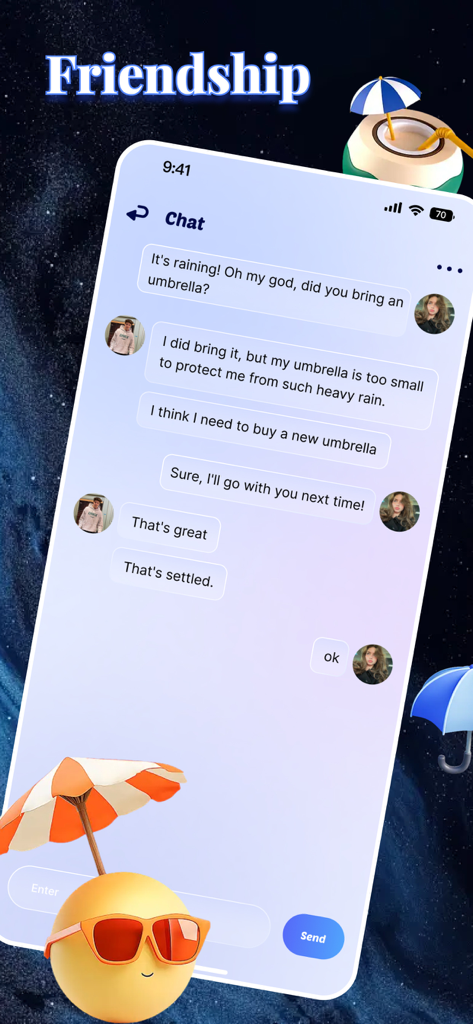 Chat interface of the Palmo app showing a conversation about umbrellas under the title Friendship