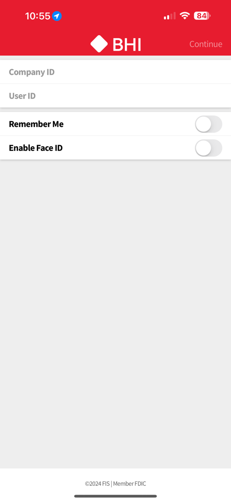 BHI Connect mobile banking login screen with fields for Company ID and User ID