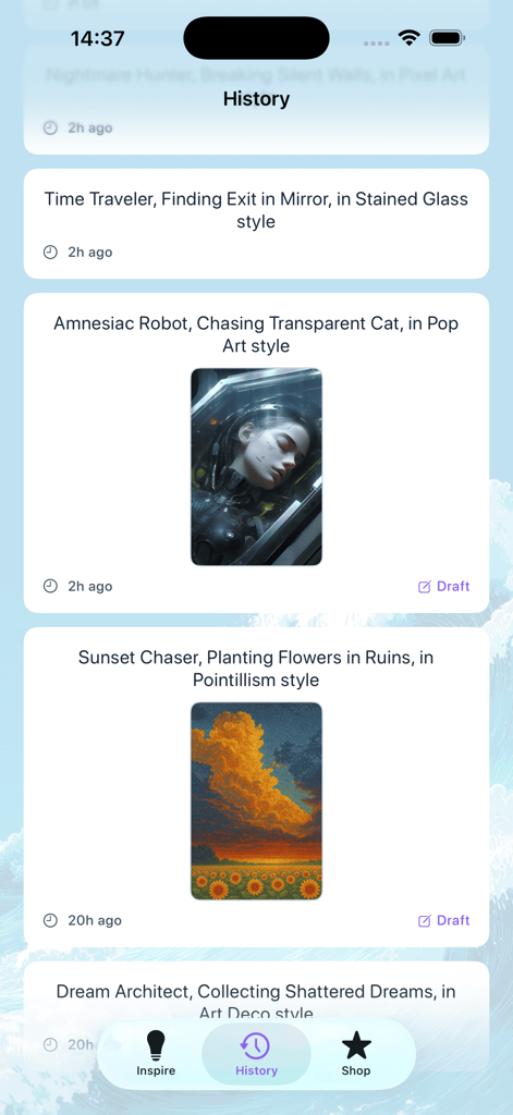 Yoban - Eine Chronikansicht von gespeicherten kreativen Prompts in der Yoban-App mit Beschreibungen und Referenzbildern.
