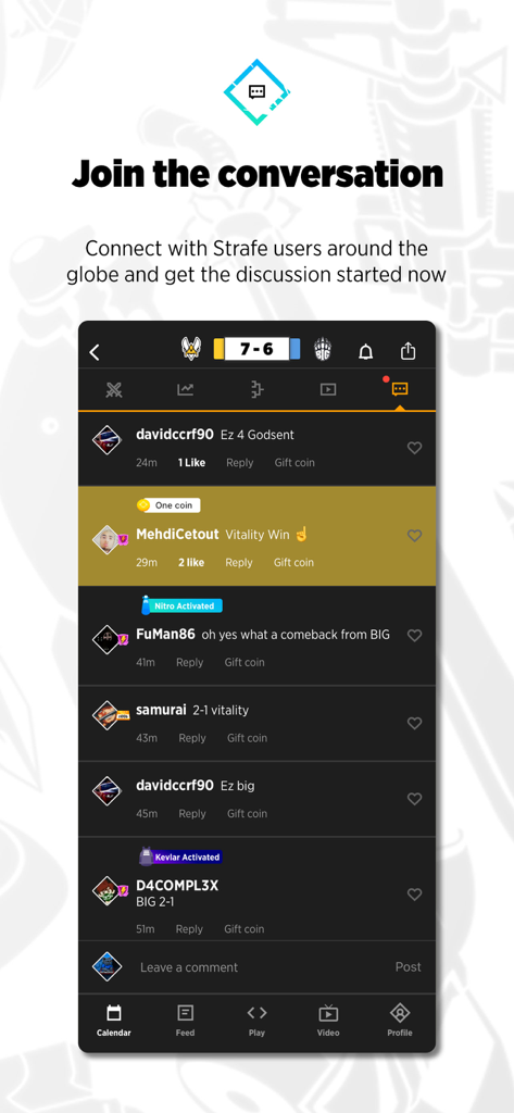 Strafe Esports - A community chat interface in the Strafe Esports app showing fan discussions and match reactions.
