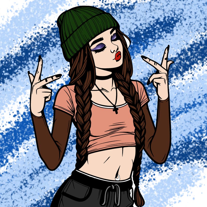 realistic teenage girl with braids and a beanie and crop top doing 🫶🏼