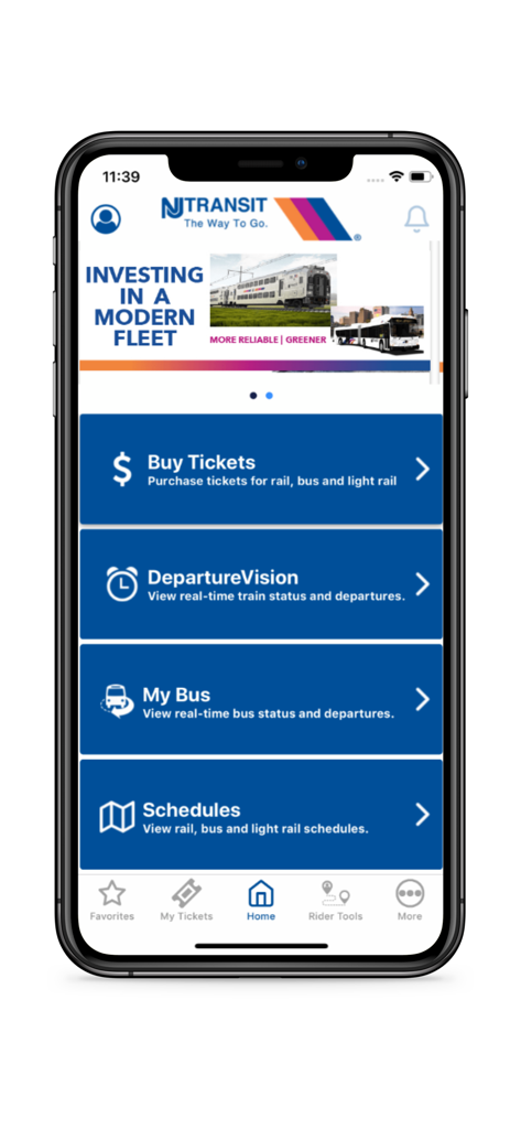NJ TRANSIT Mobile App - NJ TRANSIT mobile app home screen with navigation for buying tickets and viewing departures