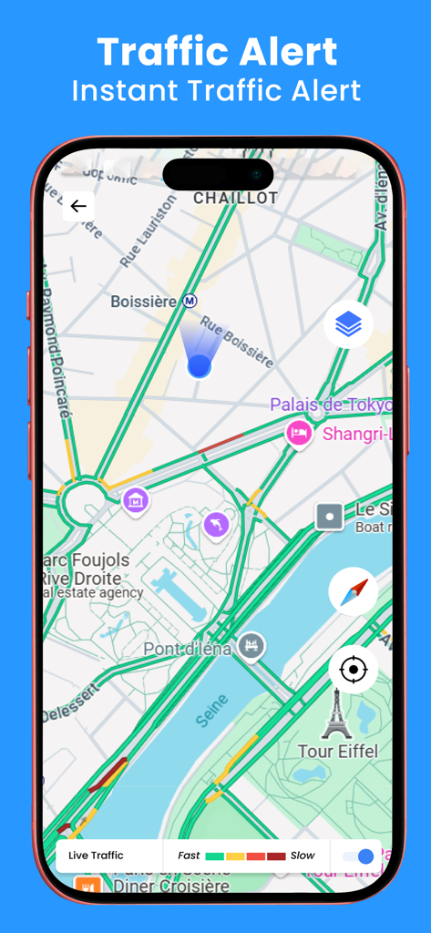 Street View Map and Navigation app interface showing real-time traffic alerts on a map of Paris