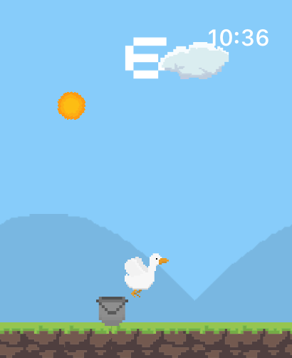 A pixel art white duck jumping over a grey bucket in a meadow.