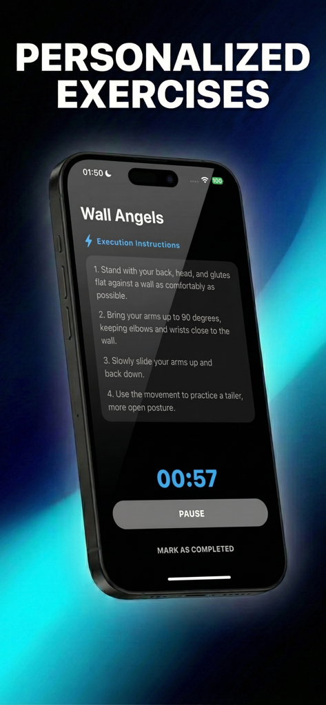 A smartphone display showing instructions for a Wall Angels exercise within the Grow Tall app.