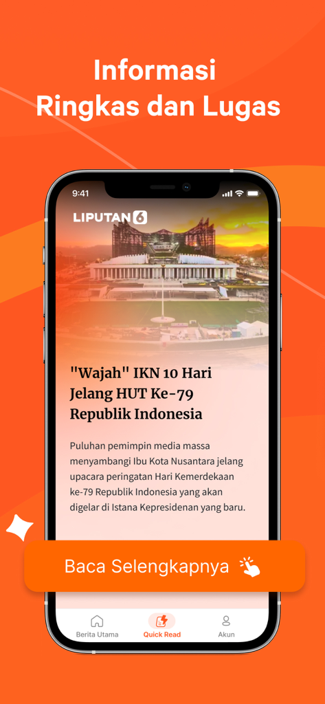 Liputan6.com - Berita Terkini - Liputan6 app interface showing the Quick Read feature with a news article about Indonesia