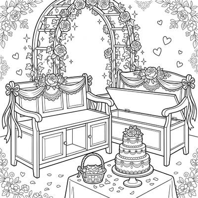 Celebrate love and beauty with this charming wedding coloring page. It features elegant storage benches, a lovely cake, and a floral arch, offering a delightful scene to bring to life with color.