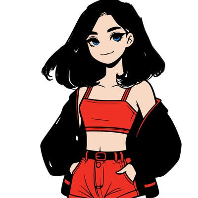 a realistic girl with a crop top and short shorts in an open jacket