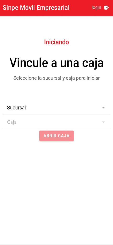 Davivienda SINPE Móvil Empresa - Schermata di configurazione dell'app Davivienda SINPE Móvil Empresa che mostra la selezione di filiale e registratore di cassa per iniziare le operazioni