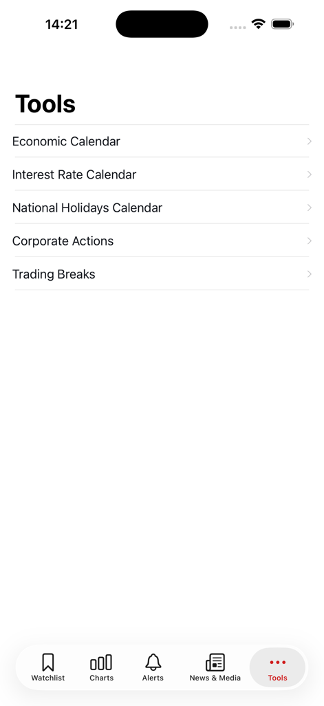 Swiss Forex - Tools menu of the Swiss Forex app displaying options for economic calendars and interest rates