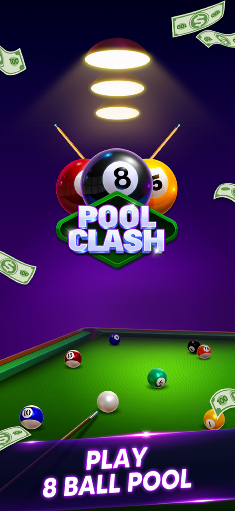 Pantalla del juego móvil Pool Clash 8 Bolas mostrando una mesa de billar con ilustraciones de premios en efectivo.