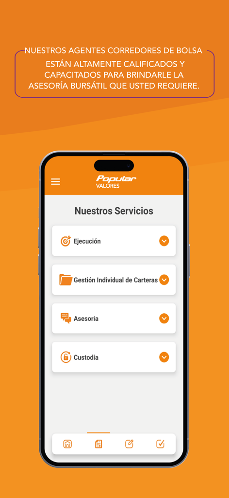 Popular Valores 모바일 앱 화면에 포트폴리오 관리 및 자문 등 투자 서비스 표시.