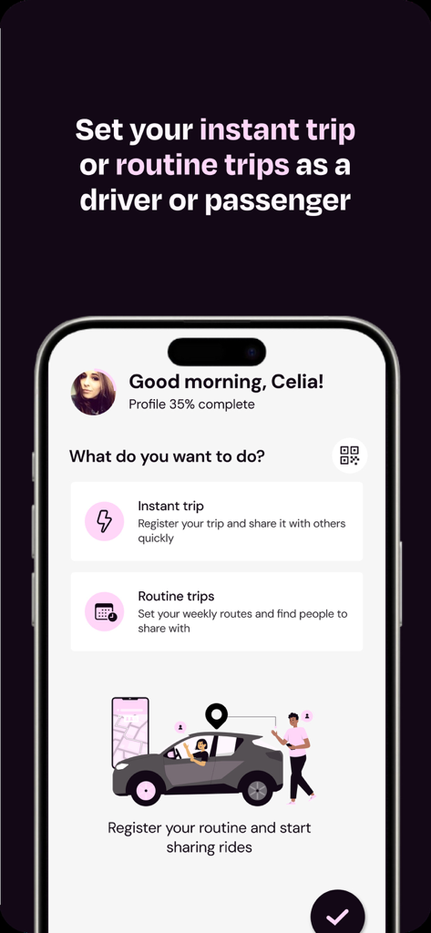 TRIBBU - Carpooling - Interfaz de la aplicación TRIBBU para configurar viajes compartidos instantáneos y rutinarios