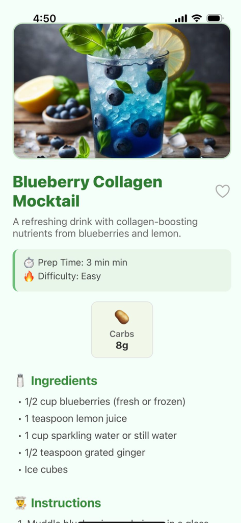Anti Inflammatory Diet. App - Blueberry Collagen Mocktail recipe screen from the Anti Inflammatory Diet app
