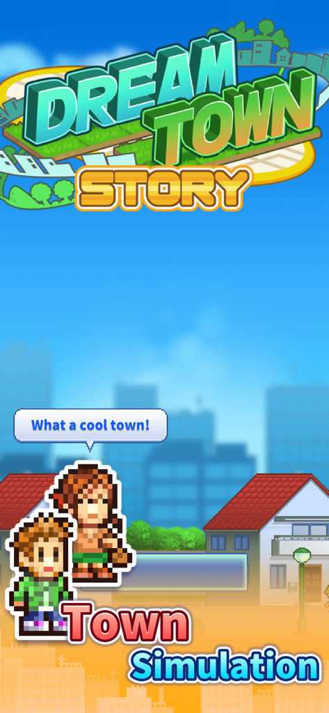 Dream Town Story - Pantalla de título del juego Dream Town Story con personajes de arte pixelado y una burbuja de diálogo