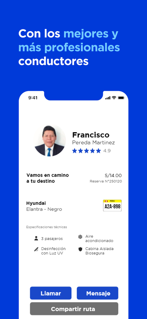 Directo - Directo app screen displaying professional driver profile with rating vehicle details and biosafety features