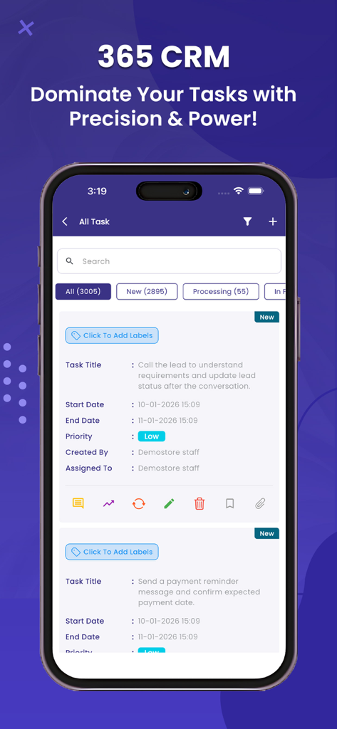 365 CRM - Interface of the 365 CRM app showing the task management dashboard with a list of business tasks and priorities on a mobile phone.