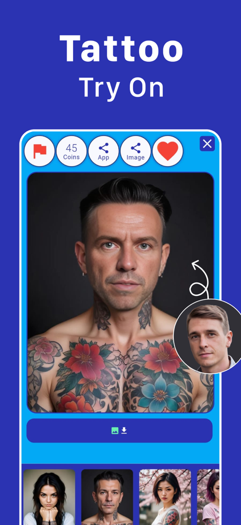 How Old Do I Look - Future Me - ユーザーの男性の胸にリアルなAI生成のフローラルタトゥーが表示されている仮想タトゥー試着アプリのインターフェース。