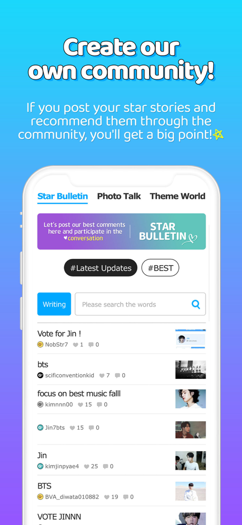 FAN N STAR - FAN N STAR app community interface showing the Star Bulletin for K-pop idol fans