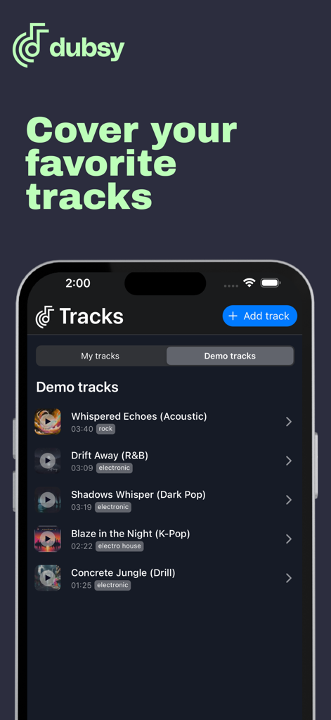 Dubsy - Dubsy mobile app interface displaying a list of demo music tracks available for creating covers.