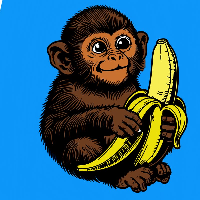 realistic monkey eating a realistic banana