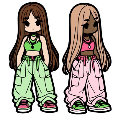 girl in baggy pants crop top and long hair